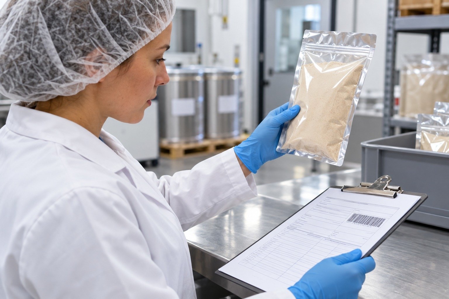 QA specialist checking the lumbrokinase raw-material lot and batch documents before pilot production