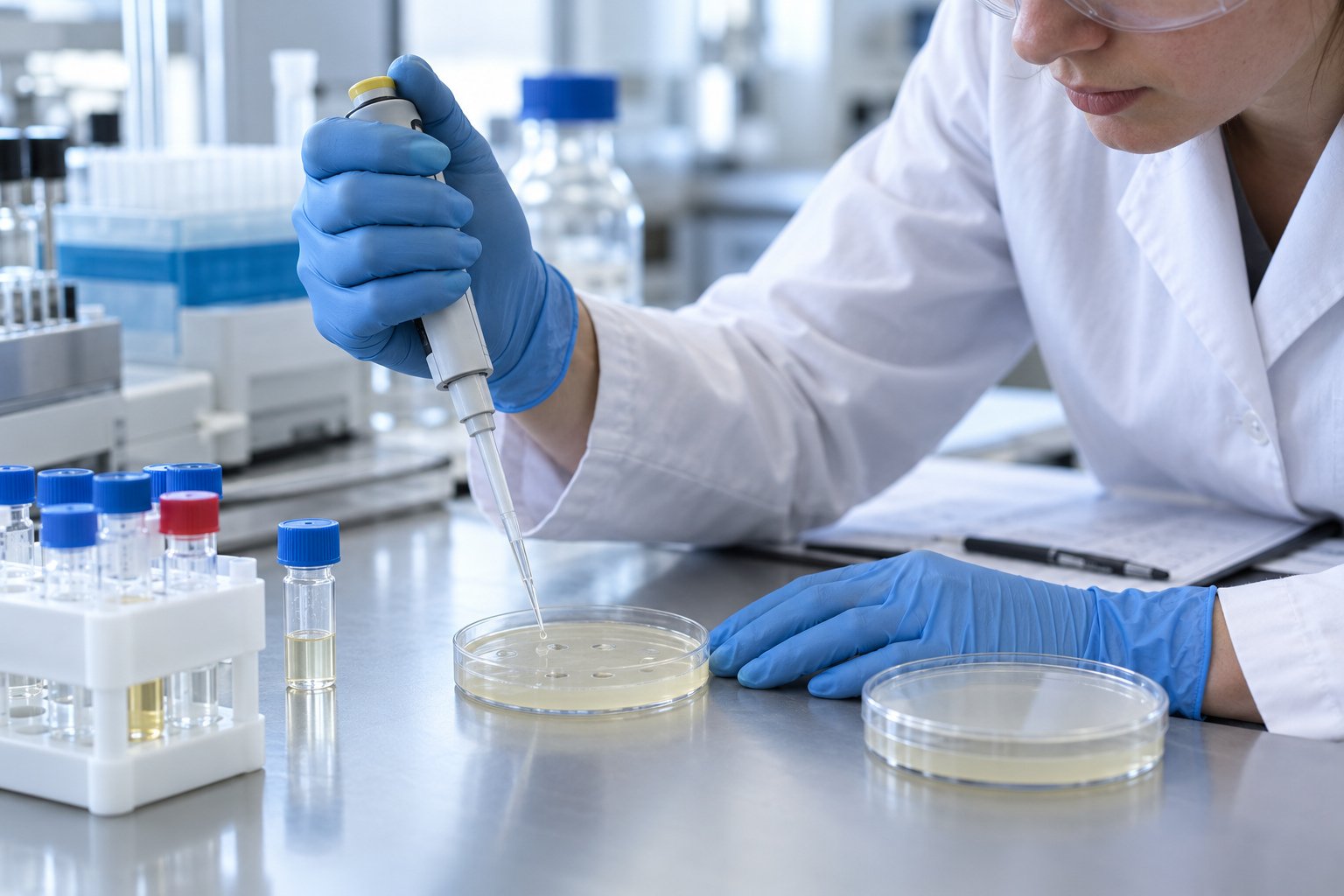 Laboratory analyst pipetting a sample onto an assay plate during enzyme activity testing.