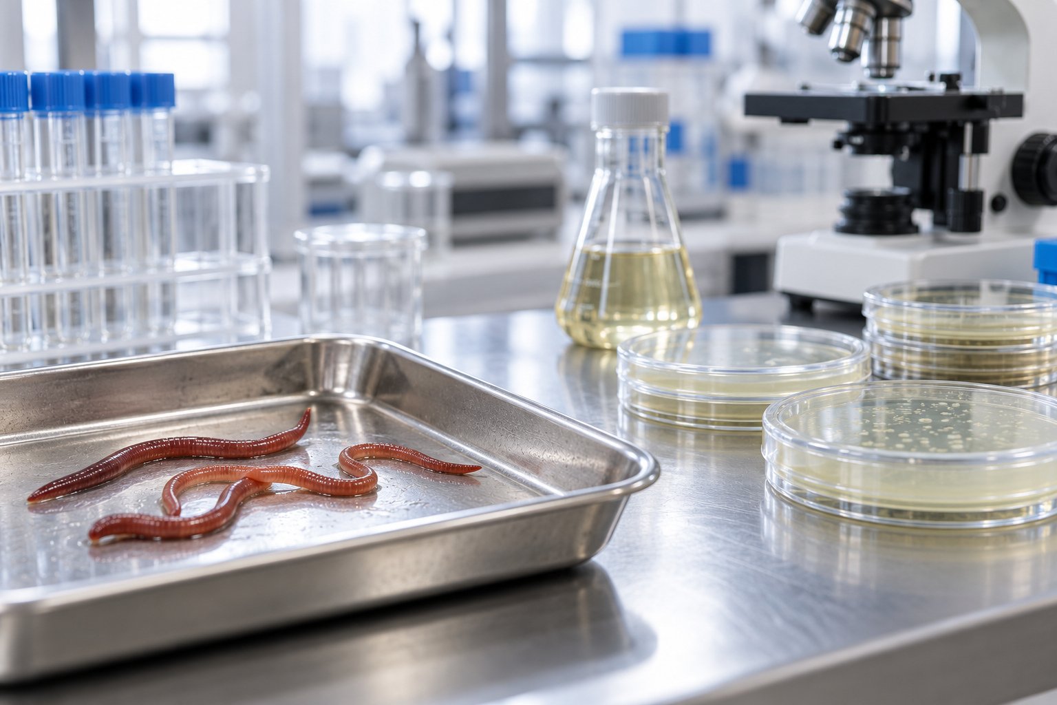 Red earthworms in a specimen tray beside microbial culture equipment illustrating different enzyme sources.