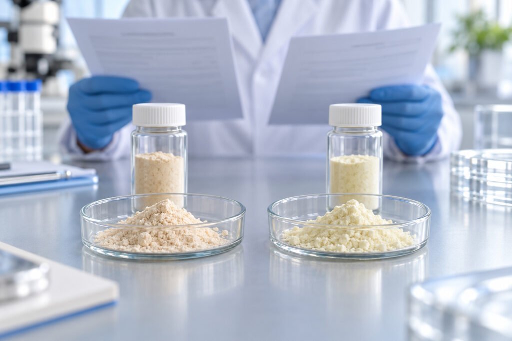 Enzyme powder samples and specification sheets prepared for lumbrokinase and serrapeptase ingredient evaluation.