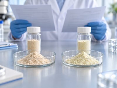 Enzyme powder samples and specification sheets prepared for lumbrokinase and serrapeptase ingredient evaluation.