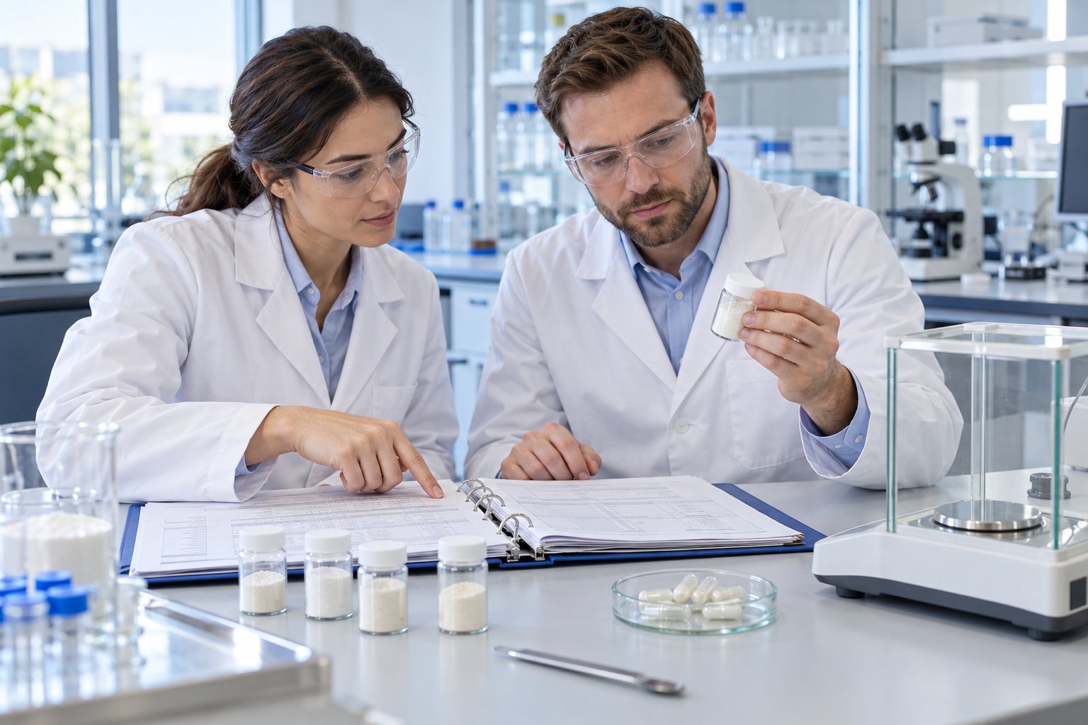 Scientists reviewing enzyme ingredient documentation and powder samples for supplement formulation evaluation.